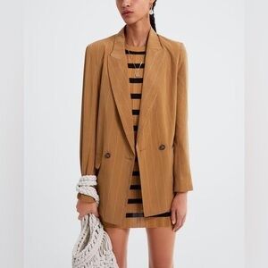 Zara Women’s Linen-blend Striped Blazer Jacket‎ in Mustard Yellow Size S